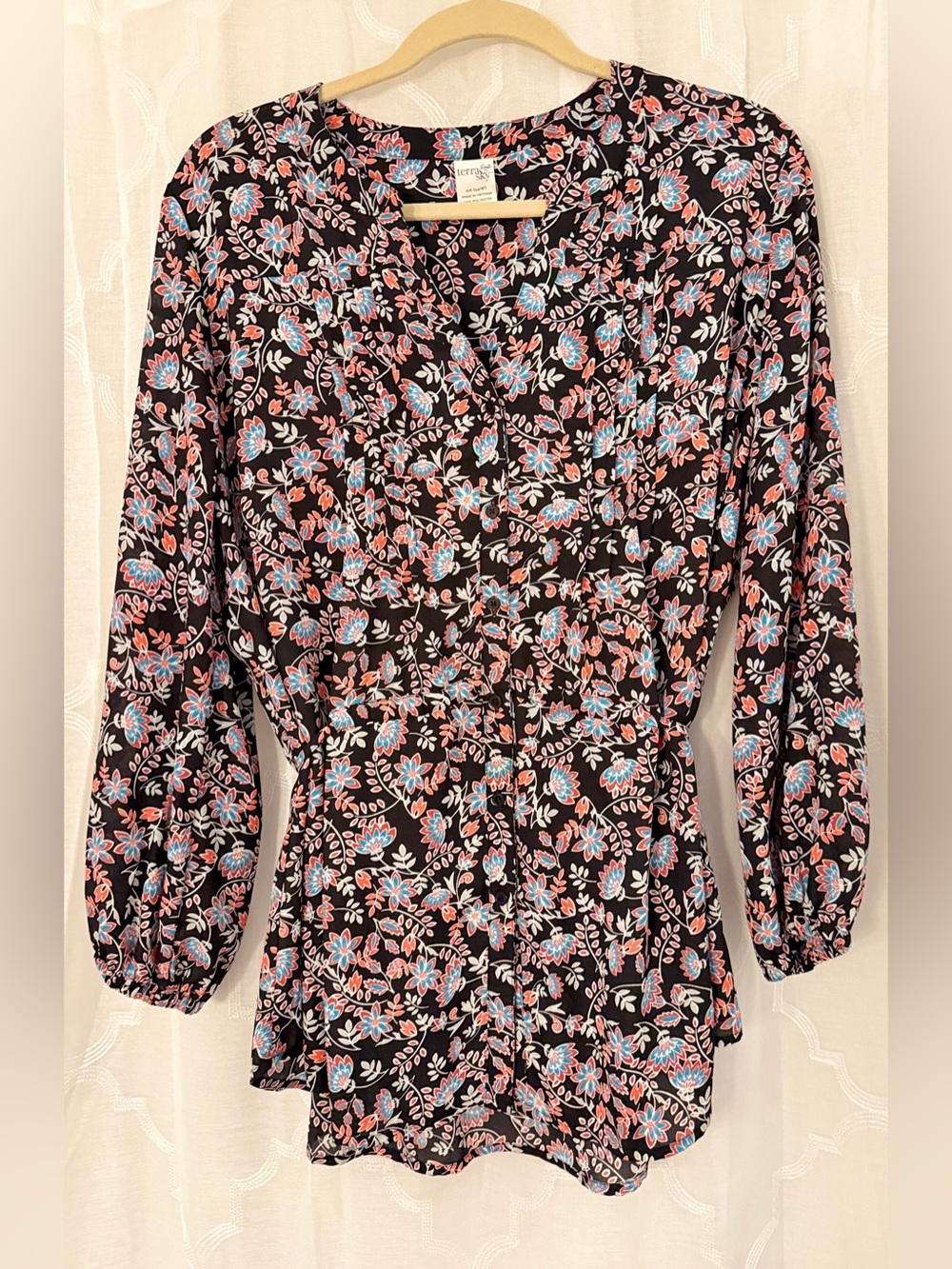 Terra & Sky Boho Floral Blouse Black Multicolor Size 0X (14W)